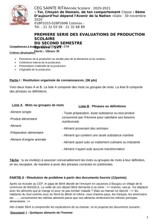 Première page de SVT 6e — Production scolaire, 2e semestre (2020-2021) · CEG Sainte Rita