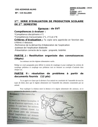 Première page de SVT 6e — Production scolaire, 2e semestre (2019-2020) · CEG AZOHOUE-ALIHO