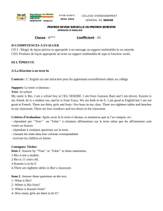 Première page de Anglais 6e — 1er devoir surveillé, 1er semestre (2023-2024) · CEG SEKERE