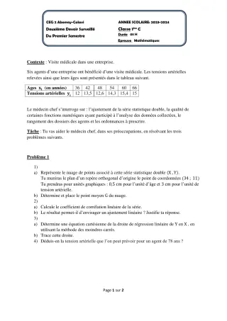 Première page de Mathématiques 1ère C — 2e devoir surveillé, 1er semestre (2023-2024) · CEG2 ABOMEY - CALAVI (CEG ZOCA)