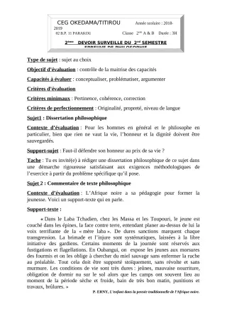 Première page de Philosophie 2nde A1, 2nde A2, 2nde B — Devoir surveillé, 2e semestre (2018-2019) · CEG OKEDAMA