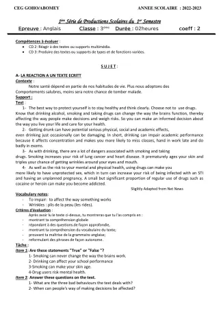 Première page de Anglais 3e — 1re production scolaire, 1er semestre (2022-2023) · CEG GOHO