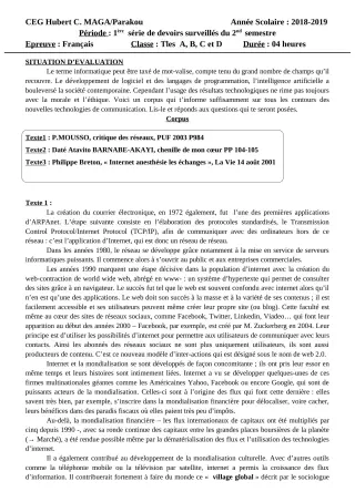 Première page de Français Tle A1, Tle A2, Tle B, Tle C, Tle D — 1er devoir surveillé, 2e semestre (2018-2019) · CEG Hubert C. MAGA