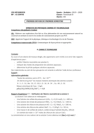 Première page de PCT Tle D — 1er devoir surveillé, 1er semestre (2019-2020) · CEG Kpanroun