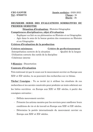 Première page de Histoire-Géographie 3e, 3e ML — 2e évaluation sommative, 1er semestre (2020-2021) · CEG Ganvié