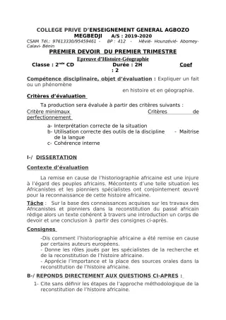 Première page de Histoire-Géographie 6e, 5e, 4e, 4e ML, 3e, 3e ML, 2nde A, 2nde A1, 2nde A2, 2nde B, 2nde C, 2nde D, 1ère A, 1ère A1, 1ère A2, 1ère B, 1ère D, Tle A, Tle A1, Tle A2, Tle B, Tle C, Tle D — 1er devoir su