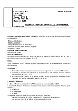 Première page de Histoire-Géographie 1ère A2, 1ère B, 1ère C, 1ère D — 1er devoir surveillé (2019-2020) · CEG Le Littoral