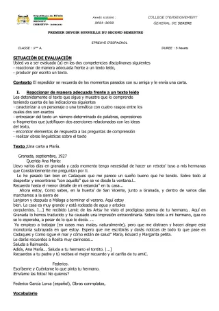 Première page de Espagnol 1ère A2 — 1er devoir surveillé, 2e semestre (2021-2022) · CEG SEKERE