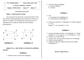 Première page de Mathématiques 6e, 4e, 4e ML — 1er devoir surveillé, 1er semestre (2019-2020) · CEG BADEKPAROU