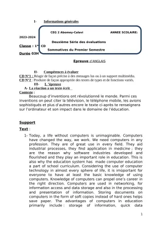 Première page de Anglais 1ère D — 2e évaluation sommative, 1er semestre (2023-2024) · CEG2 ABOMEY - CALAVI (CEG ZOCA)