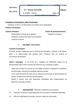 Première page de Histoire-Géographie Tle C, Tle D — 2e devoir surveillé (2018-2019) · CEG2 ABOMEY - CALAVI (CEG ZOCA)