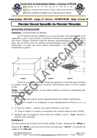 Première page de Mathématiques 6e, 5e, 4e, 3e, 3e ML, 2nde B, 2nde D, 1ère B, 1ère D, Tle B, Tle D — 1er devoir surveillé, 1er trimestre (2020-2021) · CPEG LA RECADE
