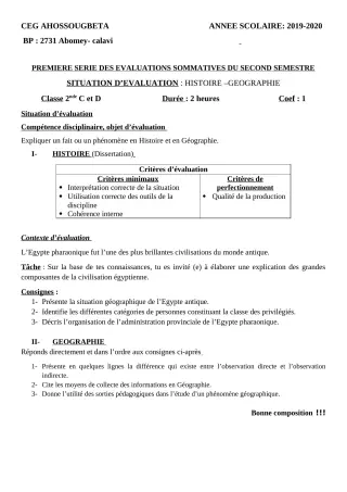 Première page de Histoire-Géographie 2nde C, 2nde D — 1re évaluation sommative, 2e semestre (2019-2020) · CEG Ahossougbéta