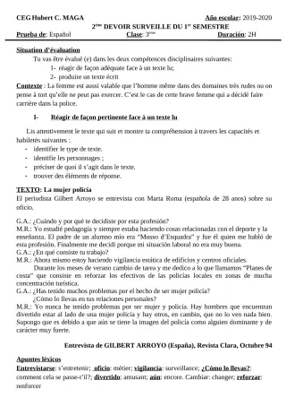 Première page de Allemand 3e ML — Devoir surveillé, 1er semestre (2019-2020) · CEG Hubert C. MAGA