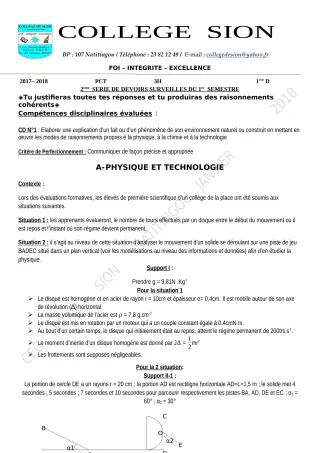 Première page de PCT 6e, 5e, 4e, 3e, 1ère D, Tle D — 2e devoir surveillé, 1er semestre (2019-2020) · CEG PRIVE SION DES AD