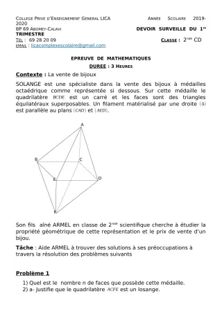 Première page de Mathématiques 2nde C, 2nde D — Devoir surveillé, 1er trimestre (2019-2020) · CPEG LICA