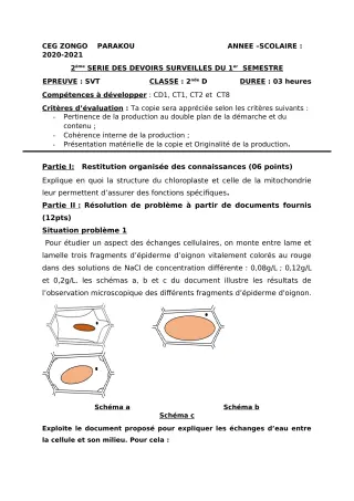 Première page de SVT 2nde D — 2e devoir surveillé, 1er semestre (2020-2021) · CEG ZONGO