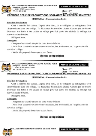 Première page de Français 6e, 5e, 4e, 4e ML, 3e, 2nde A2, 2nde B, 2nde C, 2nde D, 1ère A2, 1ère B, 1ère C, 1ère D, Tle A1, Tle A2, Tle B, Tle D — 1re production scolaire, 1er semestre (2022-2023) · CEG SEME-PODJI