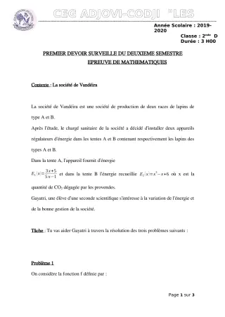 Première page de Mathématiques 2nde D — 1er devoir surveillé, 2e semestre (2019-2020) · CEG ADJOVICODJI 'LES OLIVIERS'