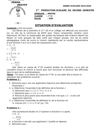 Première page de Mathématiques 6e, 5e, 4e, 4e ML, 3e, 3e ML, 2nde A, 2nde D, 1ère A, 1ère D, Tle A, Tle D — 1re production scolaire, 2e semestre (2019-2020) · CEG Perma