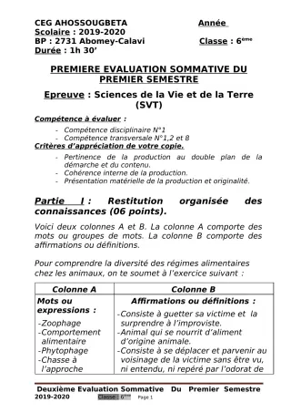 Première page de SVT 6e — 1re évaluation sommative, 1er semestre (2019-2020) · CEG Ahossougbéta