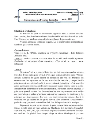 Première page de Français 2nde A & B — 2e évaluation sommative, 1er semestre (2022-2023) · CEG2 ABOMEY - CALAVI (CEG ZOCA)
