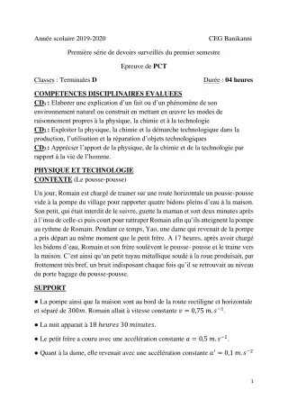 Première page de PCT Tle D — 1er devoir surveillé, 1er semestre (2019-2020) · CEG Banikanni