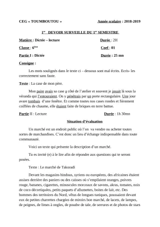 Première page de Français 6e — 1er devoir surveillé, 1er semestre (2018-2019) · CEG TOUMBOUTOU