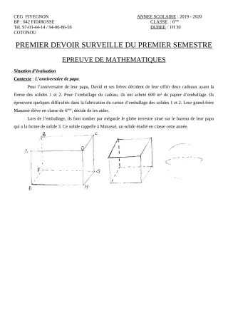 Première page de Mathématiques 6e — 1er devoir surveillé, 1er semestre (2019-2020) · CEG FIYEGNON