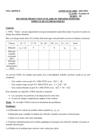 Première page de Mathématiques 1ère D — 2e production scolaire, 1er semestre (2022-2023) · CEG1 Ikpinlè
