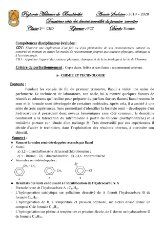 Première page de PCT 1ère C, 1ère D — 2e devoir surveillé, 1er semestre (2019-2020) · PMB