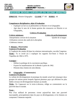 Première page de Histoire-Géographie 1ère A1, 1ère A2, 1ère B, 1ère C, 1ère D, Tle A1, Tle A2, Tle B, Tle C, Tle D — 2e devoir surveillé, 2e semestre (2019-2020) · CEG Les Pylônes