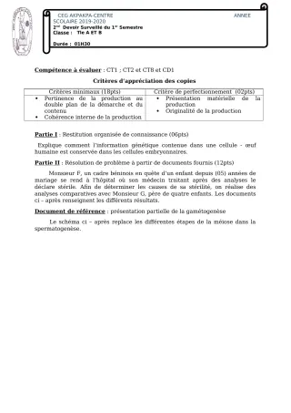 Première page de SVT Tle A1, Tle A2, Tle B — 2e devoir surveillé, 1er semestre (2019-2020) · CEG 1 Akpakpa-Centre