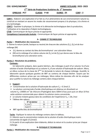 Première page de PCT 3e — 1re production scolaire, 1er semestre (2022-2023) · CEG GOHO