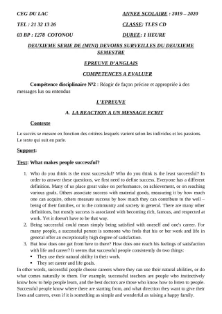 Première page de Anglais Tle C — 1er devoir surveillé, 2e semestre (2019-2020) · CEG du Lac