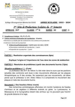 Première page de SVT 1ère D — 1re production scolaire, 1er semestre (2023-2024) · CEG GOHO