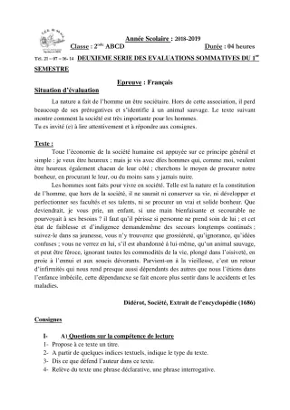 Première page de Français 2nde A1, 2nde A2, 2nde C, 2nde D — 2e évaluation sommative, 1er semestre (2018-2019) · CEG Sô-Ava