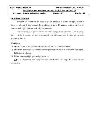 Première page de Français 3e, 3e ML — 1er devoir surveillé, 2e semestre (2019-2020) · CEG MAREGOUROU