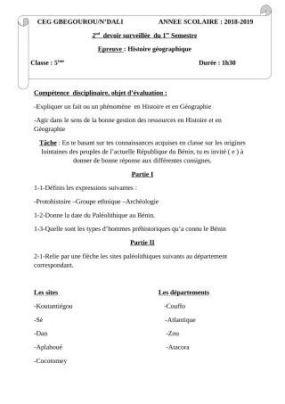 Première page de Histoire-Géographie 6e, 5e, 4e, 4e ML, 3e — 2e devoir surveillé, 1er semestre (2018-2019) · CEG Gbegourou