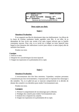 Première page de Français 6e — 2e devoir surveillé, 2e semestre (2018-2019) · CEG2 ABOMEY - CALAVI (CEG ZOCA)