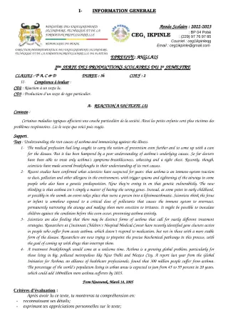 Première page de Anglais 2nde A, 2nde A1, 2nde A2, 2nde C, 2nde D, 1ère A, 1ère A1, 1ère A2, 1ère C, 1ère D, Tle A1, Tle A2, Tle C, Tle D — 2e production scolaire, 1er semestre (2022-2023) · CEG1 Ikpinlè