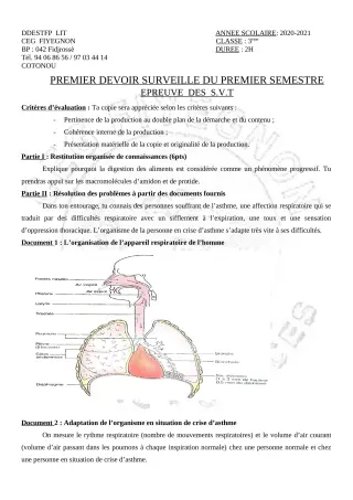 Première page de SVT 3e, 3e ML — 1er devoir surveillé, 1er semestre (2020-2021) · CEG FIYEGNON