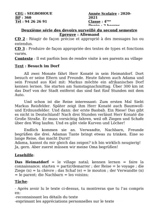 Première page de Allemand 4e ML, 3e ML, 2nde A & B, 1ère A & B, Tle A1 — 2e devoir surveillé, 2e semestre (2020-2021) · CEG SEGBOHOUE