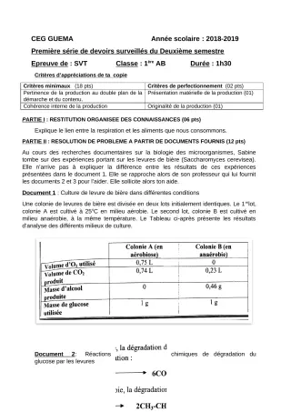 Première page de SVT 1ère A2 — 1er devoir surveillé, 2e semestre (2018-2019) · ceg guema