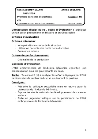 Première page de Histoire-Géographie Tle D — 1re évaluation sommative, 1er semestre (2023-2024) · CEG2 ABOMEY - CALAVI (CEG ZOCA)