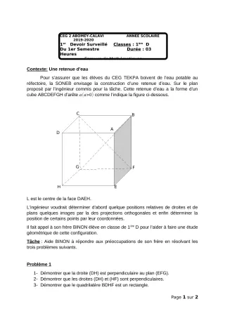 Première page de Mathématiques 1ère D — 1er devoir surveillé, 1er semestre (2018-2019) · CEG2 ABOMEY - CALAVI (CEG ZOCA)