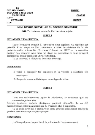 Première page de Français 3e, 3e ML — 1er devoir surveillé, 2e semestre (2019-2020) · CEG HOUEYIHO
