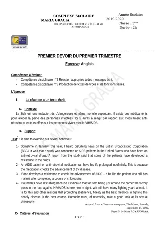 Première page de Anglais 3e — 1er devoir surveillé, 1er trimestre (2019-2020) · CPEG MARIA GRACIA