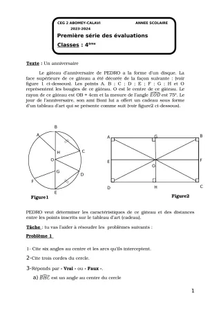 Première page de Mathématiques 4e — 1re évaluation sommative (2023-2024) · CEG2 ABOMEY - CALAVI (CEG ZOCA)