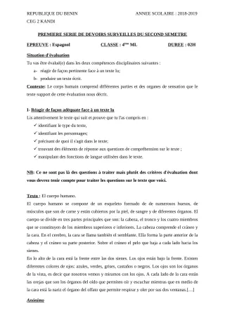 Première page de Espagnol 4e ML — 1er devoir surveillé (2018-2019) · CEG 2 KANDI
